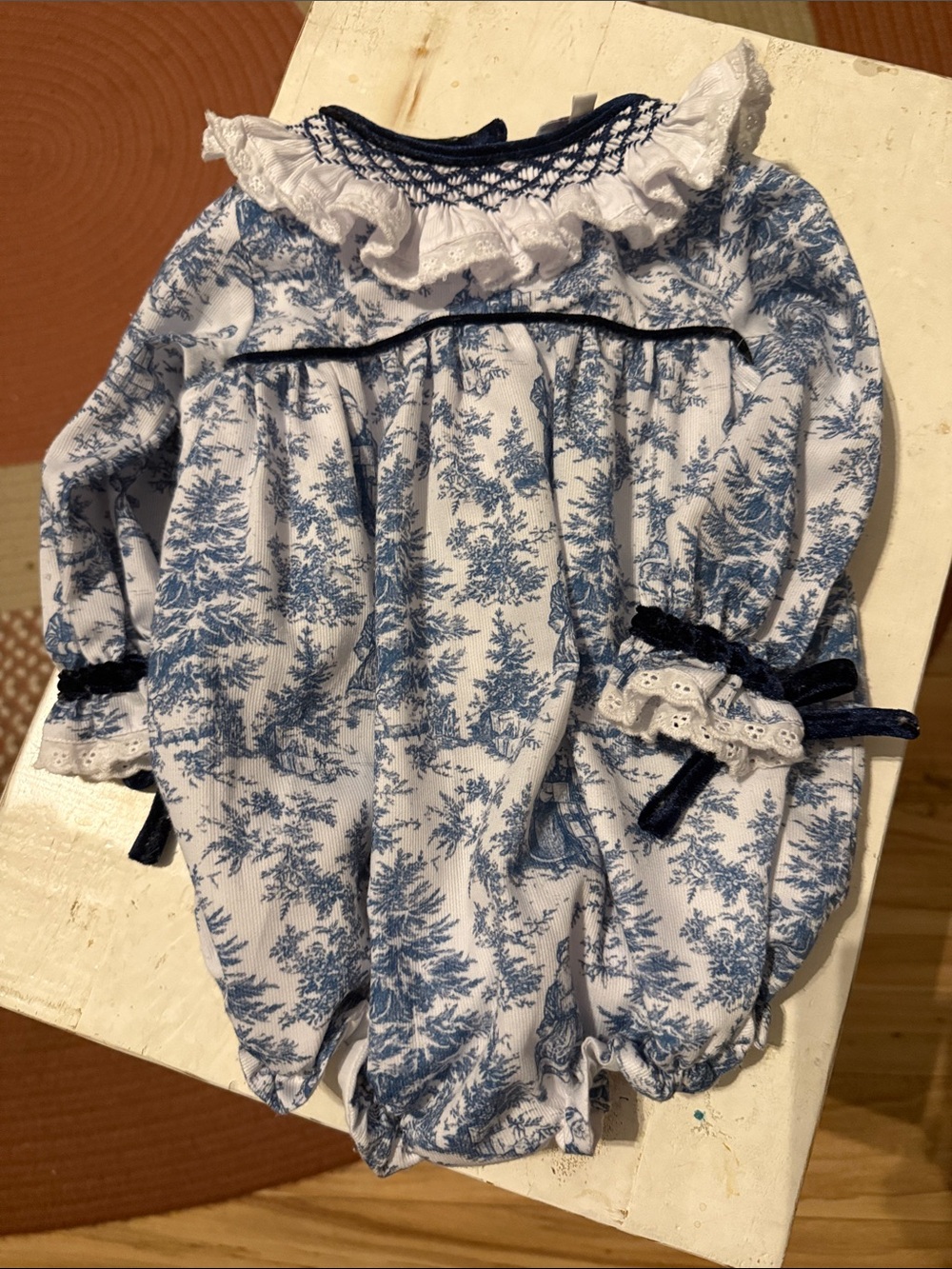 Christmas Blue & White Toile Baby Bubble with Lace Trim